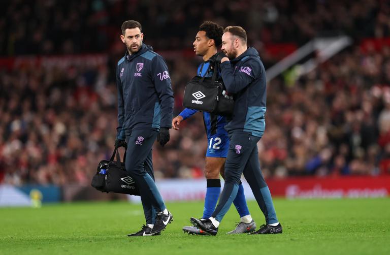MANCHESTER, ENGLAND - DECEMBER 15: Tyler Adams of AFC Bournemouth leaves the field with an injury during the Premier League match between Manchester United and Bournemouth at Old Trafford on December 15, 2025 in Manchester, England. (Photo by Stu Forster/Getty Images)