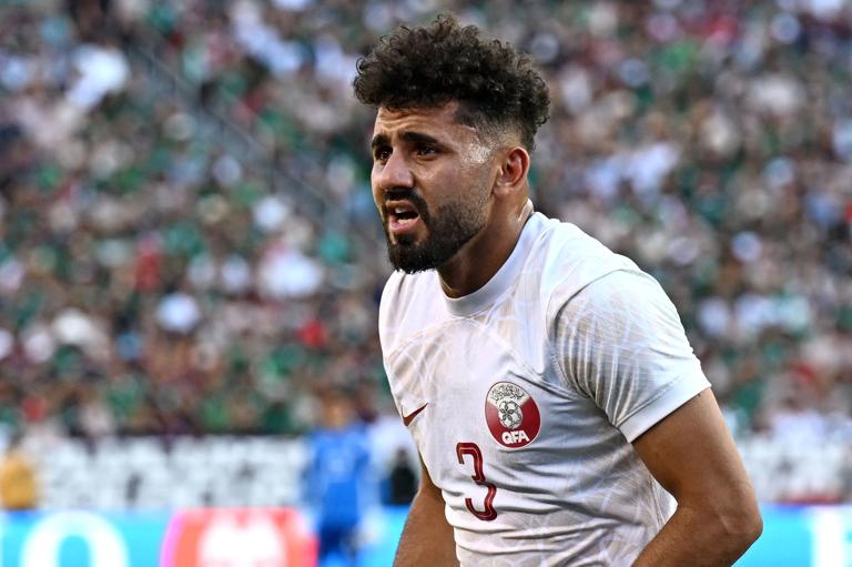 Qatar's defender Hazem Shehata looks on after scoring his team's first goal during the Concacaf 2023 Gold Cup Group B football match between Mexico and Qatar at Levi's Stadium, in Santa Clara, California, on July 2, 2023. (Photo by Patrick T. Fallon / AFP) (Photo by PATRICK T. FALLON/AFP via Getty Images)