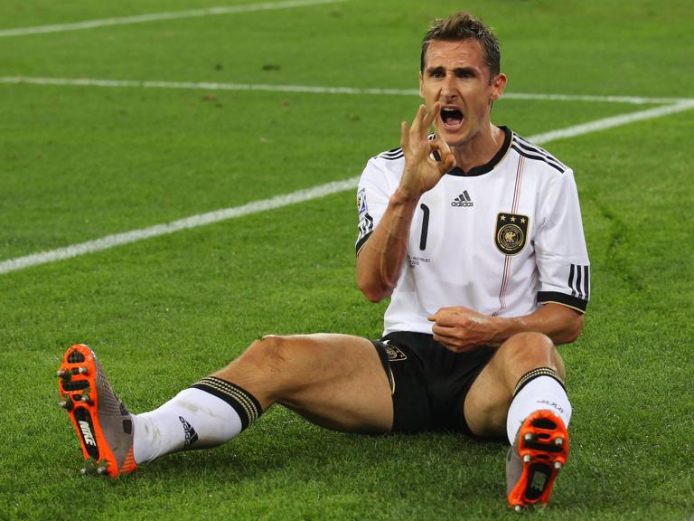 DURBAN, SOUTH AFRICA - JUNE 13: Miroslav Klose of Germany celebrates as he scores his side's second goal during the 2010 FIFA World Cup South Africa Group D match between Germany and Australia at Durban Stadium on June 13, 2010 in Durban, South Africa. (Photo by Robert Cianflone/Getty Images)