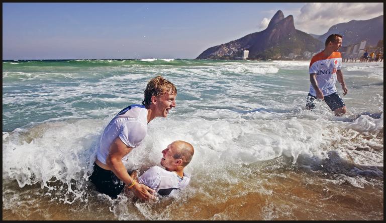 Dirk Kuyt and Arjen Robben during a training session of the Netherlands during the FIFA World Cup 2014 at the Copacabana beach in Rio de Janeiro, Brazil.(Photo by VI Images via Getty Images)