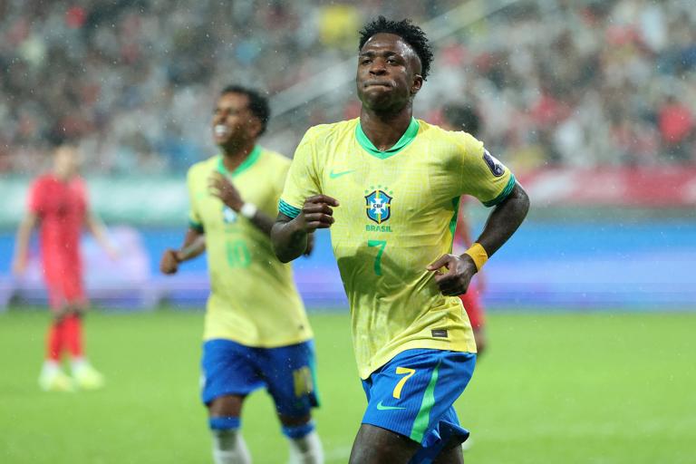Vinicius Junior of Brazil celebrates after scoring during the international friendly against Korea Republic (South Korea) on October 10, 2025. (Photo by Chung Sung-Jun/Getty Images)